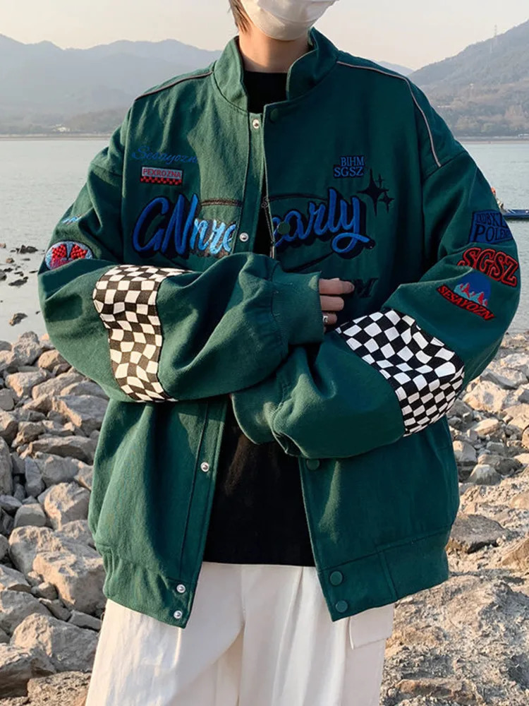 Embroidery Fashion Streetwear Racer Jackets Men Women Y2K HipHop Motorcycle Plaid Vintage Bomber Harajuku Autumn Jackets Coat 240530
