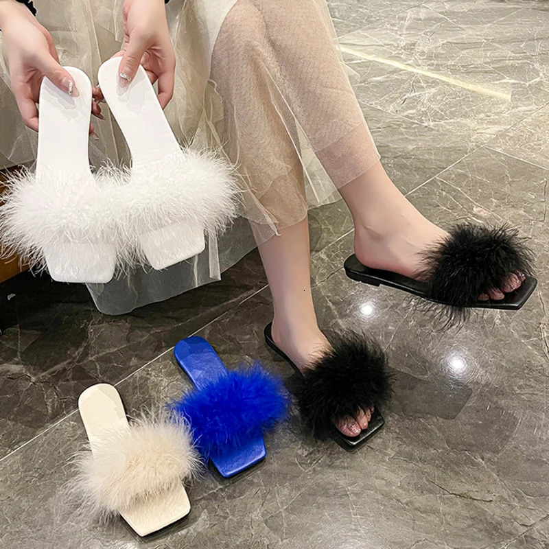 Lucyever Blue Summer Flat Fur Slipper Women Soft Bottom Non Slip Slides Shoes Woman Fashion Square Toe Fluffy Slippers 240612