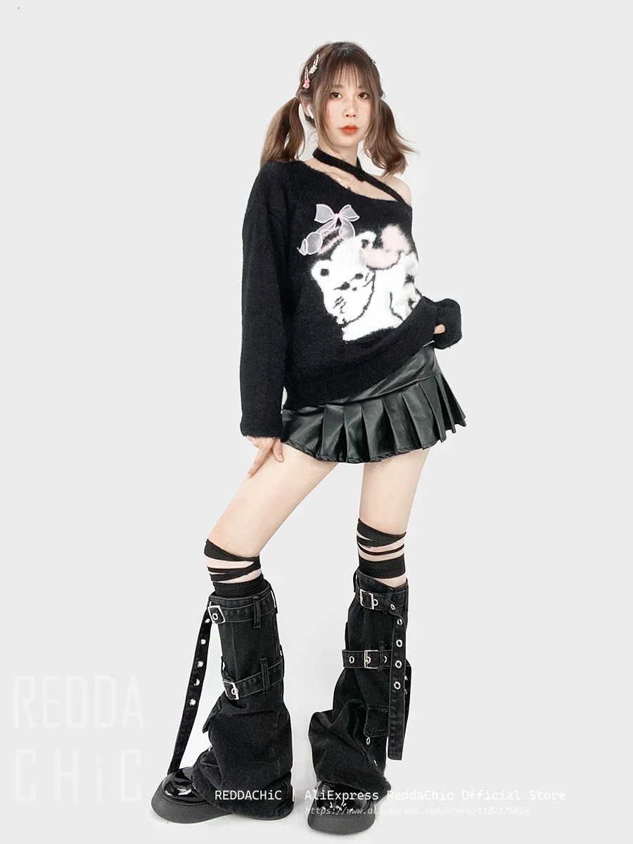 REDDACHiC Belt Deconstructed Black Leg Warmers Women Steampunk Gothic Overdyed Function Pocket Boots Cover Retro Y2k Streetwear 240613