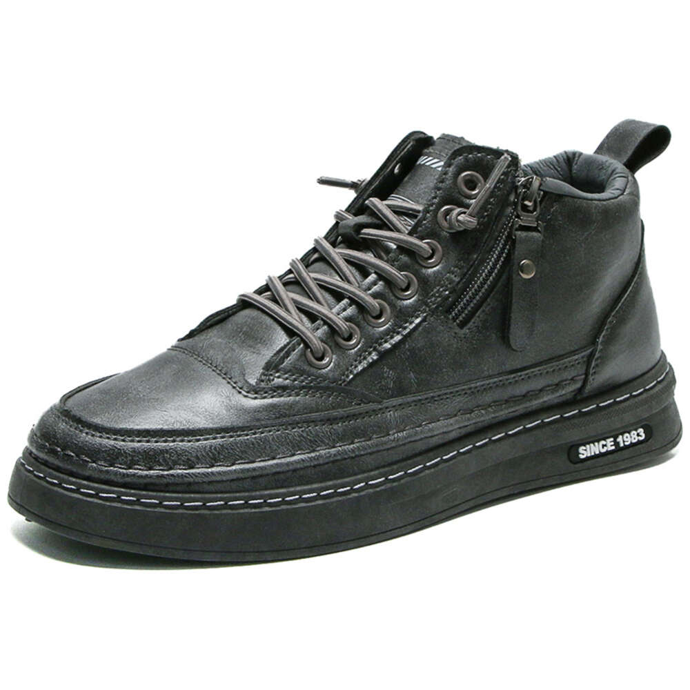 Men's New Outdoor Skateboarding Shoes PU Leather Upper Lace-Up Zipper Black Flat Walking sneakers