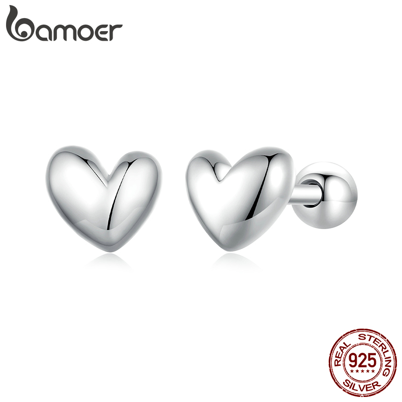 Bamoer 925 Sterling Silver Mini Heart Stud Earrings Platinum Plated Simple Earrings for Women Sweet Fine Jewelry Gift