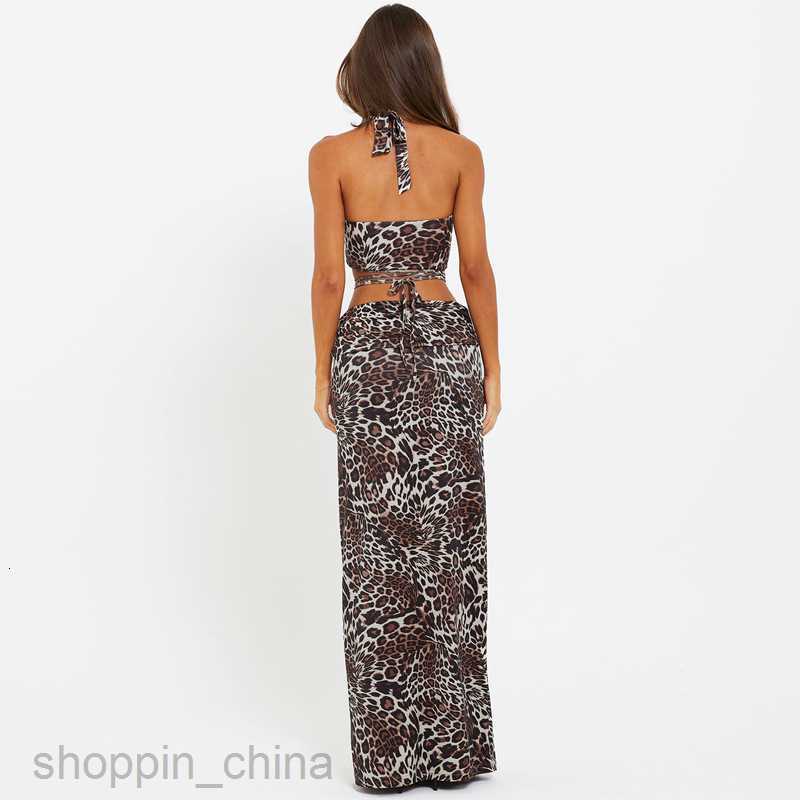 Two Piece Dress Sets Feng Summer New Leopard Print Sexy Lace up Chest Wrap Hip Long Dress Fashion Set for Women