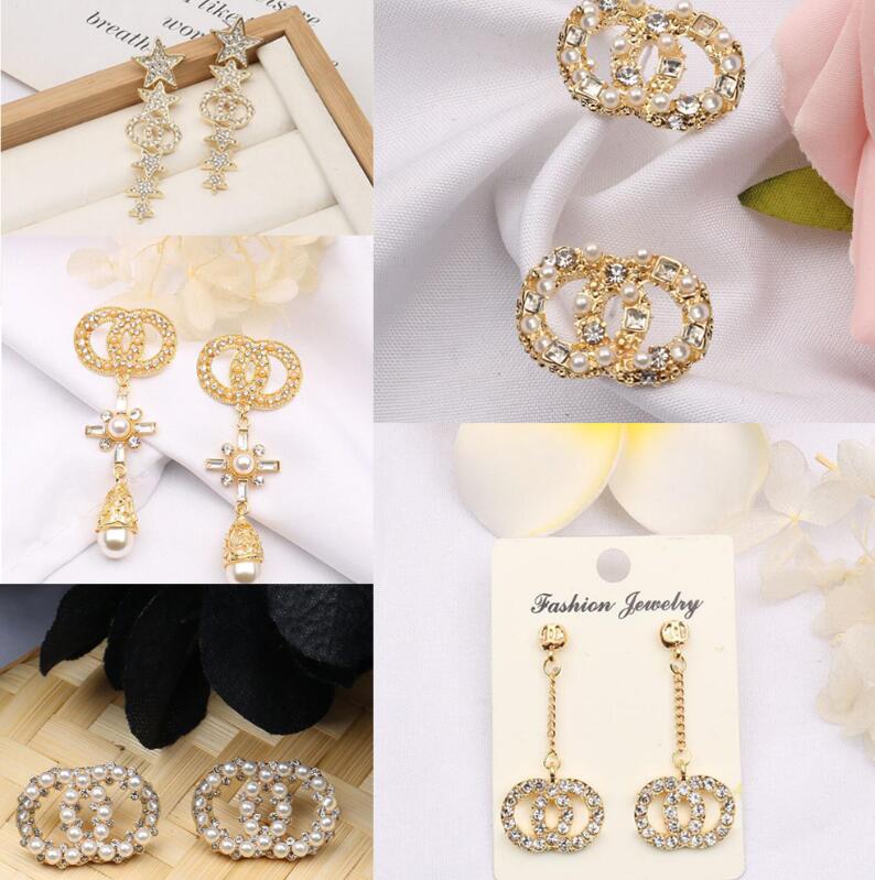 20style 18K Gold Plated Luxury Designer Earrings Letters Stud Brand Designers Geometric Famous Women Crystal Rhinestone Earring Wedding Party Jewelry