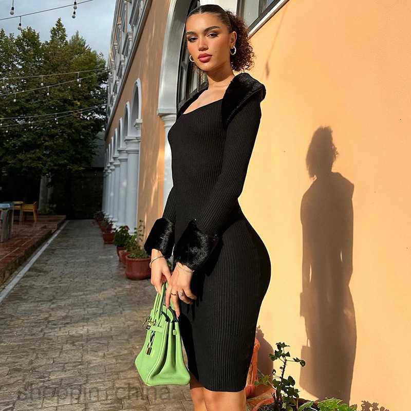 Basic Casual Dresses Women's Spring New Style Temperament Solid Color Long sleeved Spliced Wool Collar One line Neck Wrapped Hip Middle Style Dre