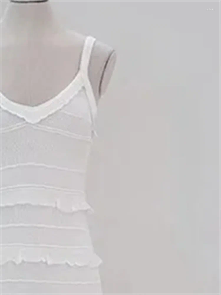 Casual Dresses Women Perspective Pleated Ruffled Edge Midi Dress Summer 2024 Ladies Slim Fitting Layered Sweet White Or Black Robe