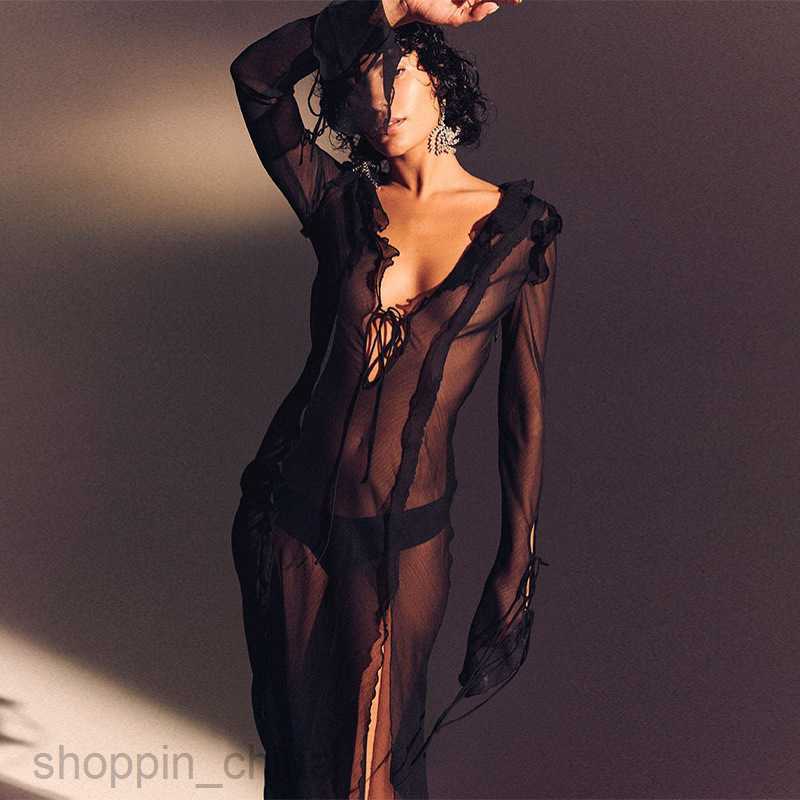 Basic Casual Women Dresses Feng Spring New Women's Sexy Perspective Reverse Side Lace V-neck Split Dress for Women