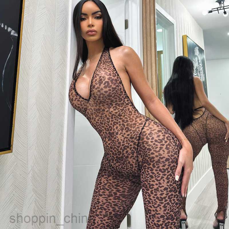 Women's Jumpsuits Rompers Feng Summer New Leopard Print Sexy V-neck Open Back Slim Fit Hanging Neck jumpsuit