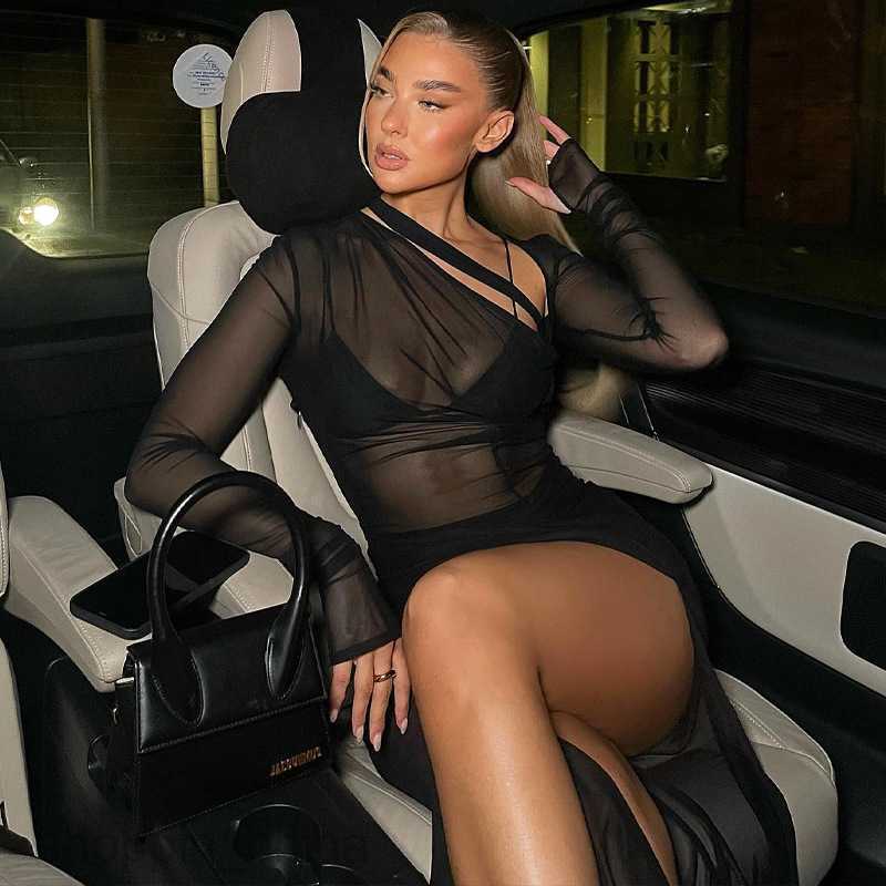 Basic Casual Women Dresses Women's Spring New Long sleeved Sexy Mesh Perspective Long Skirt Hollow Open Back Dress for Women