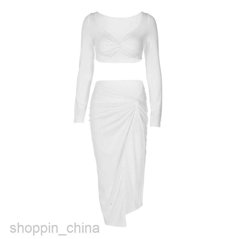 Basic Casual Women Dresses Long sleeved V-neck set for spring women's new sexy tight fitting waisted split skirt two-piece set