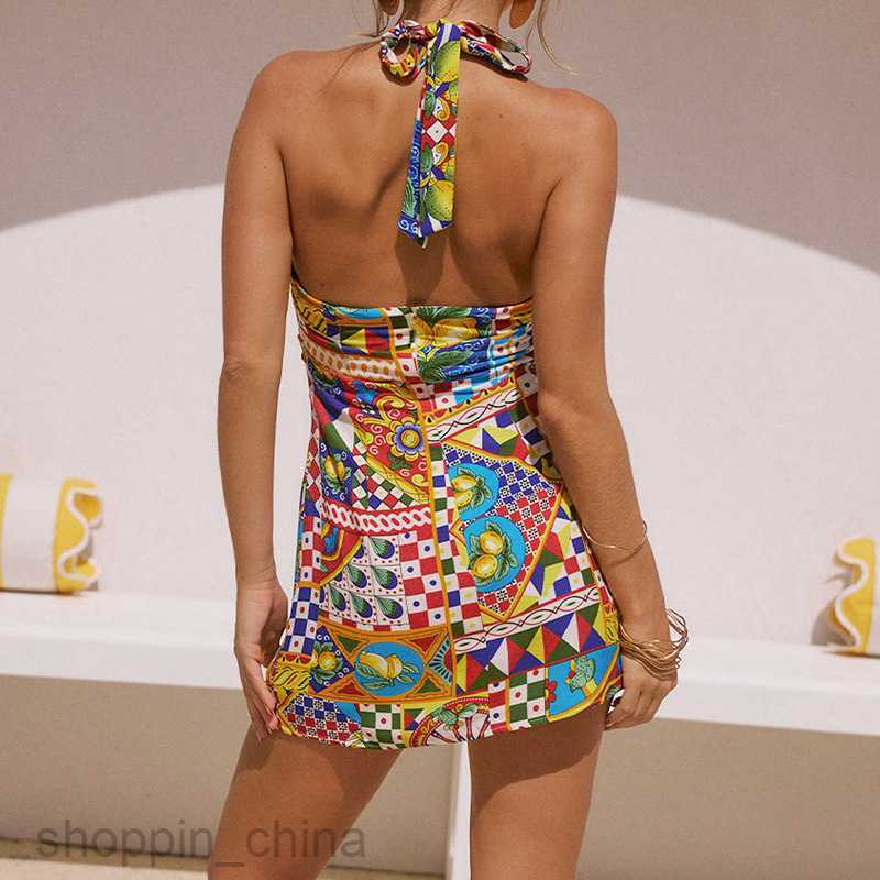 Basic Casual Dresses Feng Summer New Women's Fashion Printed Short Skirt Sexy Lace up Neck Hanging Open Back Dress