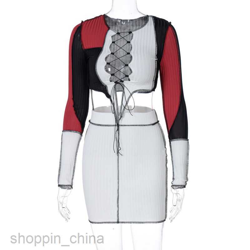 Two Piece Dress Sets Spring Top Selling New Chest Lace up Hollow Contrast Color T-shirt Short Skirt Reverse Side Set for Women