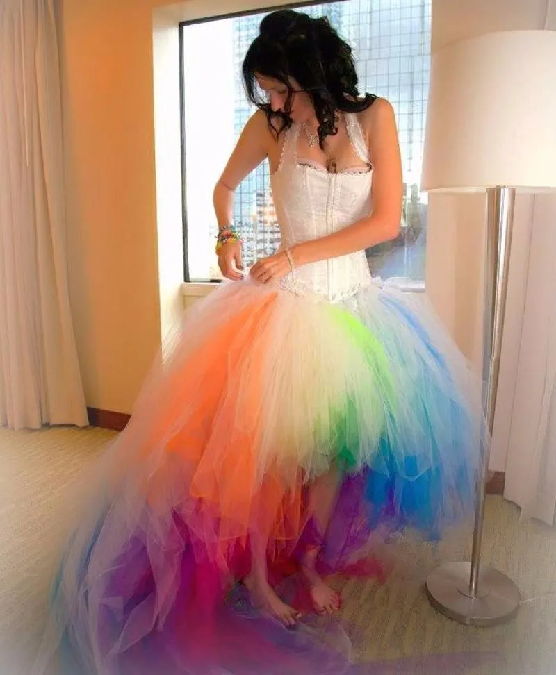 Rainbow High Low A-Line Wedding Dresses Halter Corset Boho Beach Wedding Gowns Colorful Tulle Country Bridal Dress 2024 Summer
