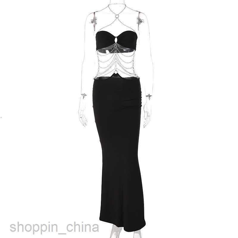 Basic Casual Women Dresses Spring Top New Metal Chain Hanging Neck Wrapped Chest Hollow Dress for Women