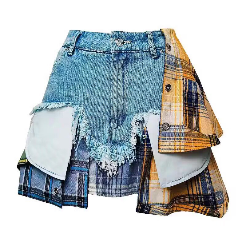 DEAT Women's Denim Skirt Colored Plaid Patchwork Irregular Deconstructed A-line High Waist Mini Skirt 2024 Summer New Fashion