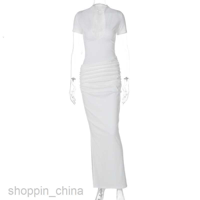 Basic Casual Women Dresses Spring New Women's Sexy Deep V Short sleeved Solid Color Spicy Girl Style Pleated Long Dress