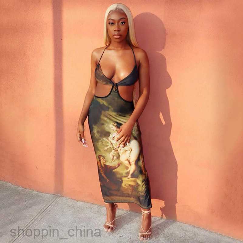 Basic Casual Dresses Women's clothing new product summer hanging neck suspender undershirt waist hollow printed dress