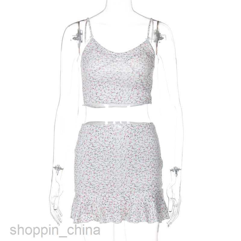 Two Piece Dress Sets style new super sweet fashionable floral sexy small suspender slim fit wave edge short skirt set for women