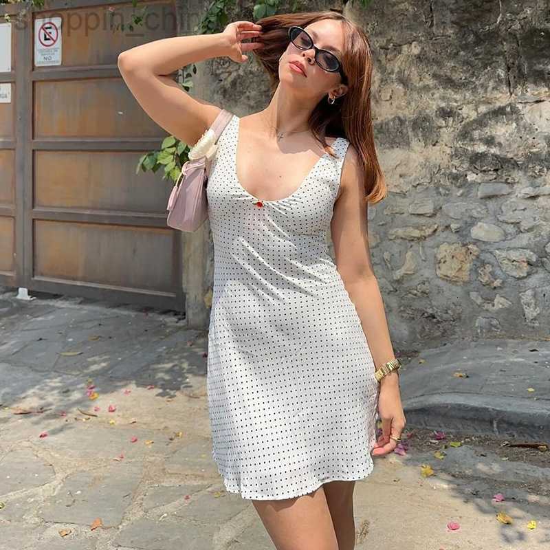 Basic Casual Dresses Women's Summer New Fresh and Sweet Deep V Fashion Wave Dot Splicing Jewelry Hollow Tie Up Dress