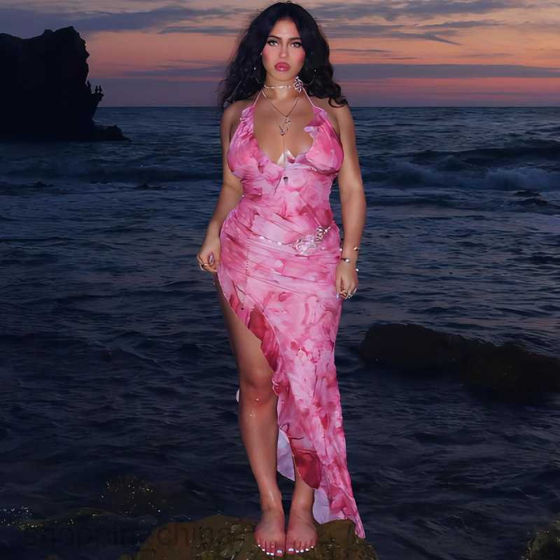 Basic Casual Women Dresses New Printed Women's Sexy V-Neck Open Back Hanging Neck Panel Mesh Wood Ear Edge Dress