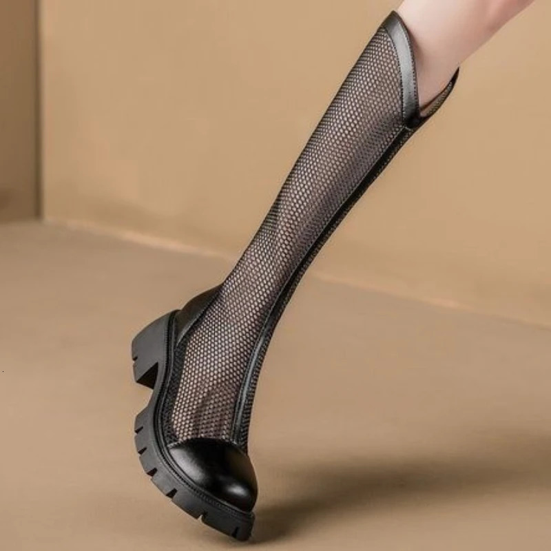 Fashion Casual Solid Color Womens Boots Spring Summer New Style Breathable Mesh Gauze High Tube Hollowed Out Mesh Boots 250225