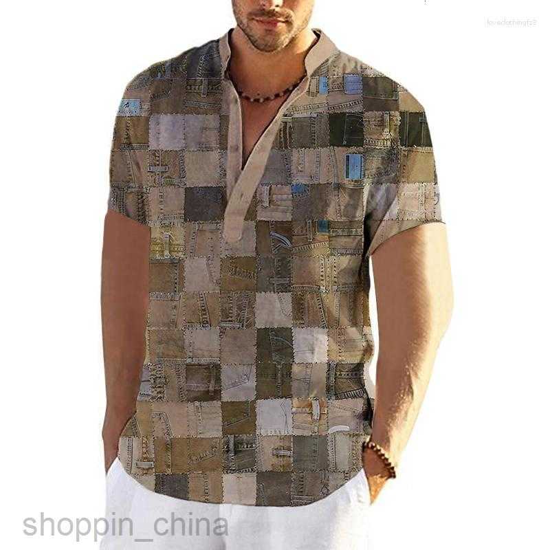 Men's Casual Shirts Vintage Shirt For Men Patch Pattern 3D Print Funny T Summer Short Sleeve Clothing Button Down Tops G05