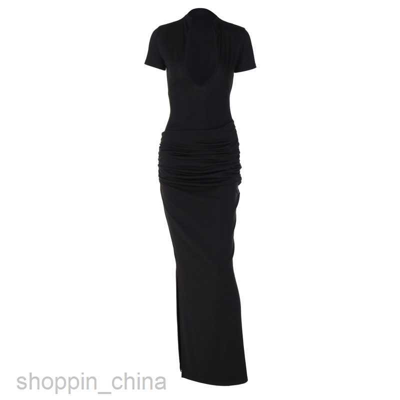 Basic Casual Women Dresses Spring New Women's Sexy Deep V Short sleeved Solid Color Spicy Girl Style Pleated Long Dress