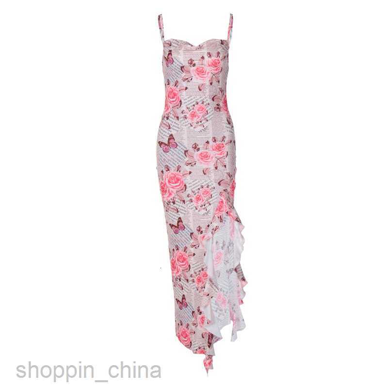Basic Casual Dresses Summer Women's New Flower Printed Ruffle Edge Split Sling Fashion Dress
