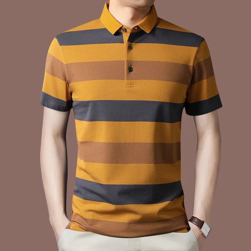 Fashion Men Summer Striped Polo Shirts Short Sleeve Button Knit Lapel Pullover Business Casual Mens Loose Clothing Top y240603