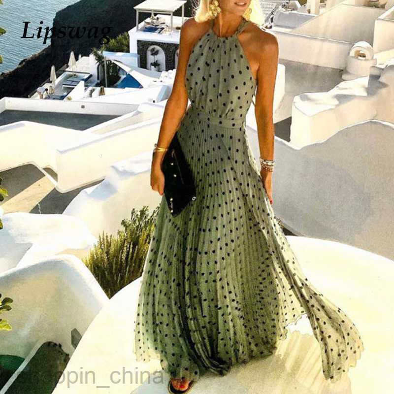 Women Sexy Halter O Neck Long Dress Summer Sleeveless Pleated Maxi Party Dress Elegant Lady Polka Dot Beach Dress Vestidos S02