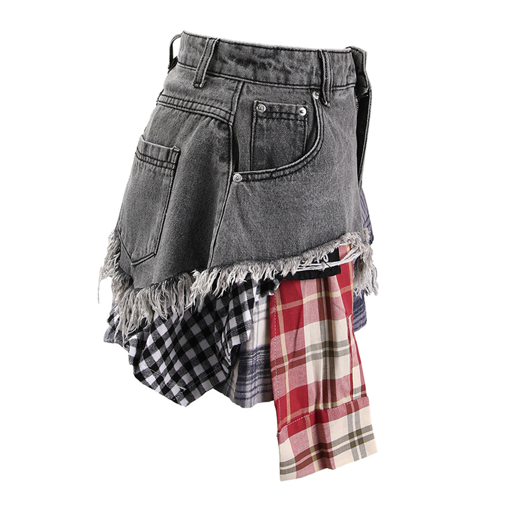 DEAT Women's Denim Skirt Colored Plaid Patchwork Irregular Deconstructed A-line High Waist Mini Skirt 2024 Summer New Fashion