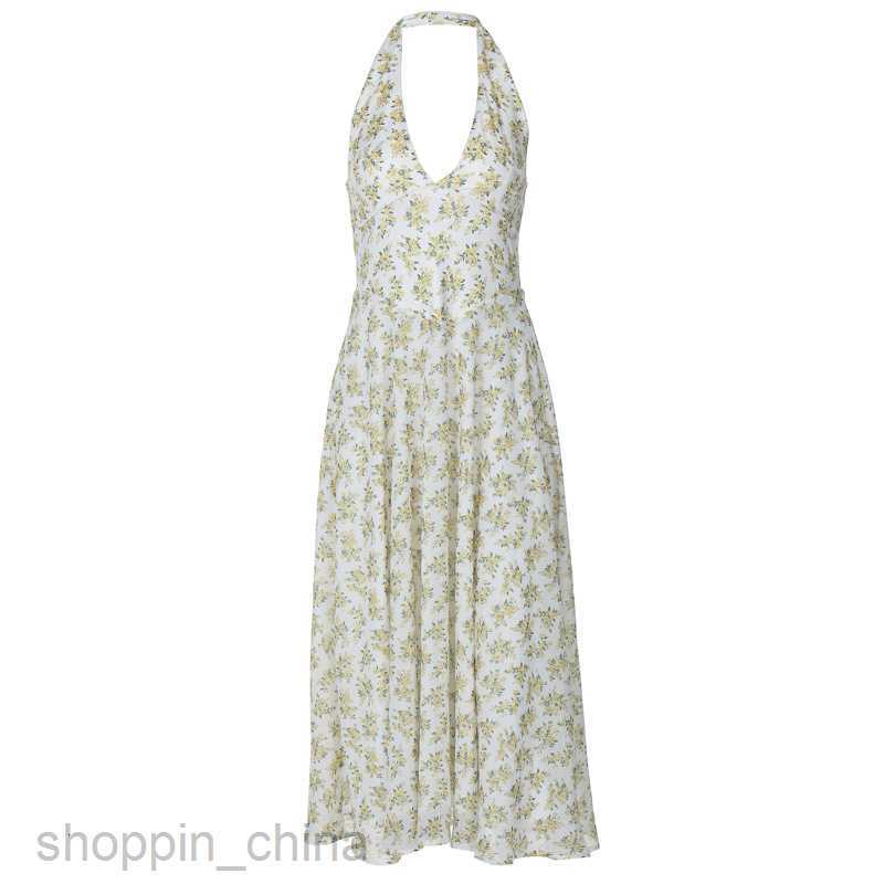 Basic Casual Women Dresses Women's Summer Sweet Style Back Hanging Neck Fashion Fragmented Flower Pattern Tie Waist Versatile Big Swing Dress Wom