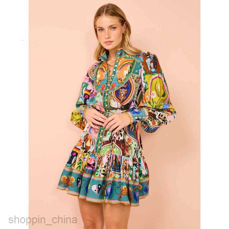 Women Dress Designer New Sexy Suspender Graffiti Cotton And Linen Printed Large Hem Dresses 6 Colours G05