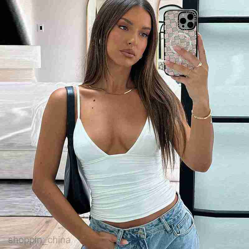 Women's T Shirt style fashionable street style sexy V-neck solid color exposed navel versatile slim fit style small strap tees tops