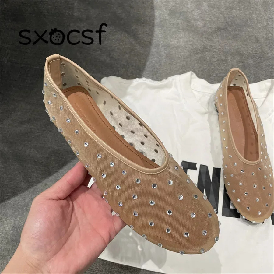 Ladies Slipon Lazy Shoes Crystal Studded Women Ballet Flats Mesh Dance Flat Casual Driving Walking Loafers Espadrilles 240612