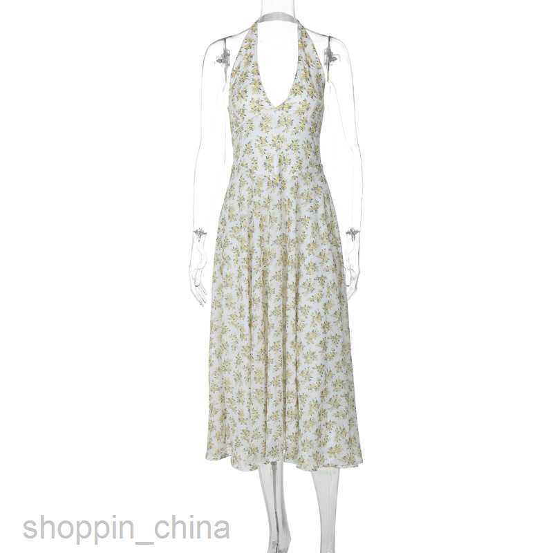 Basic Casual Women Dresses Women's Summer Sweet Style Back Hanging Neck Fashion Fragmented Flower Pattern Tie Waist Versatile Big Swing Dress Wom
