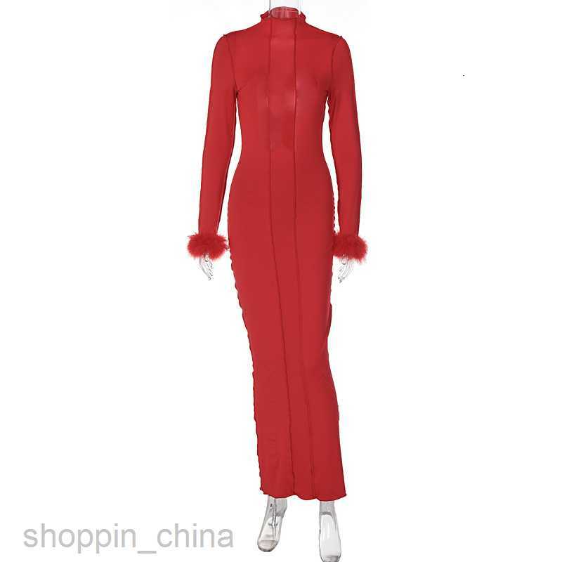 Basic Casual Dresses New explosive women's clothing sexy open back stand collar long slim fitting stitched Wool Long Sleeve Dress