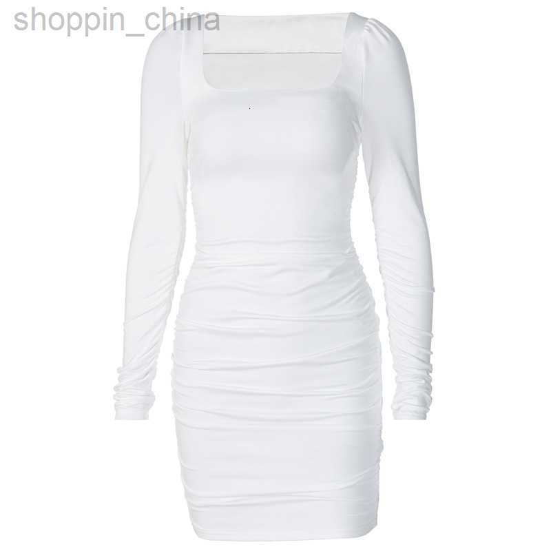 Basic Casual Dresses New women's clothing spring square neckline pleated brushed long sleeved sexy slim fit dress