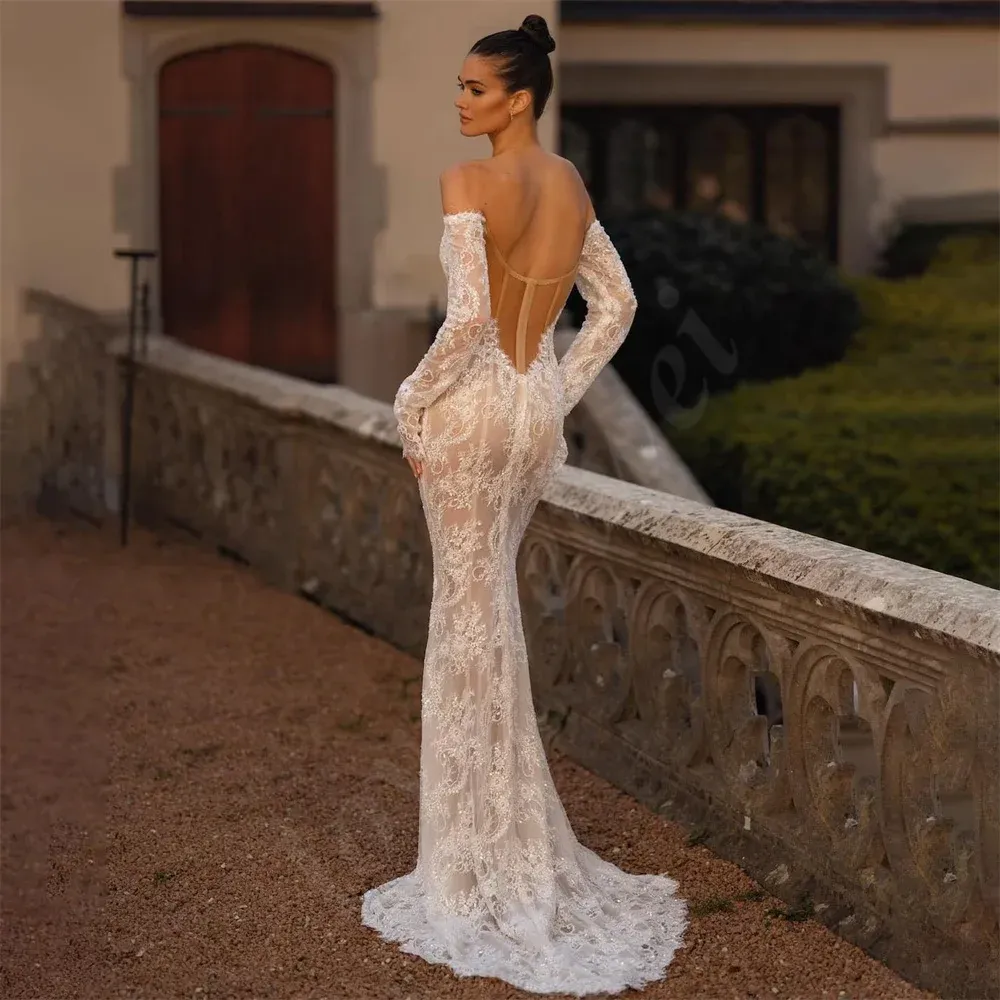 Sexy Backless Lace Mermaid Wedding Dresses Off The Shoulder Long Sleeves Bridal Gowns Illusion Champagne Ing Charming Bride Dress 2024 Summer 0914