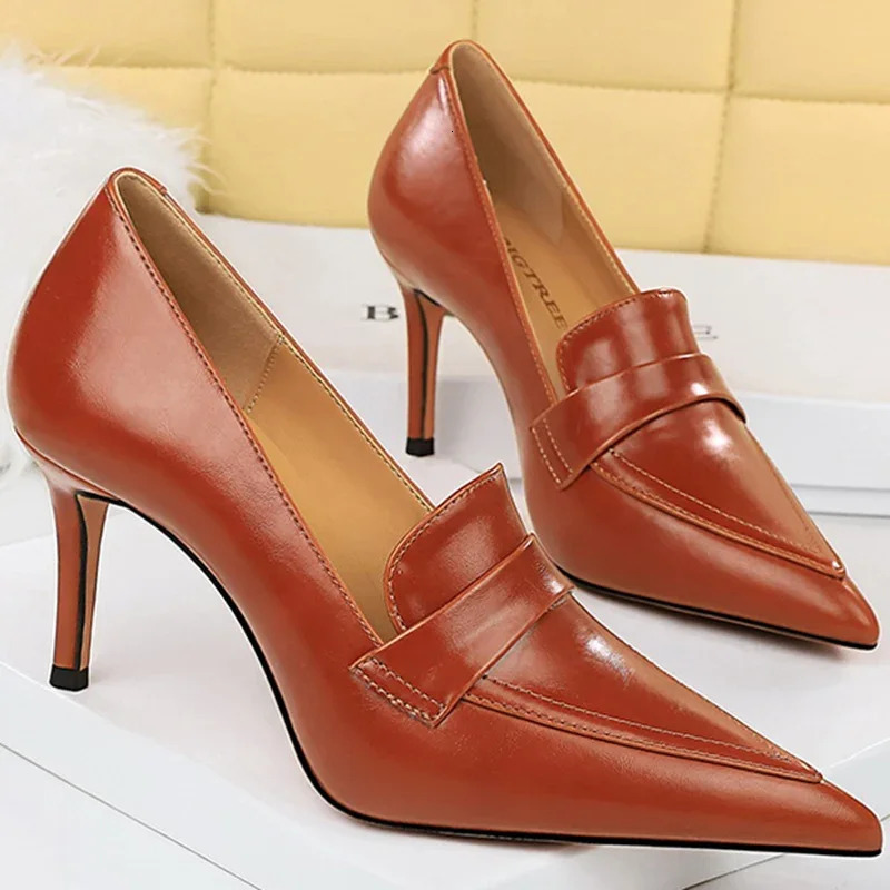Elegant Women 8cm High Heels Slipony Pumps Retro Classic Pu Leather Stiletto Thin Heels Lady Brown Office Roman Simple Shoes 240612