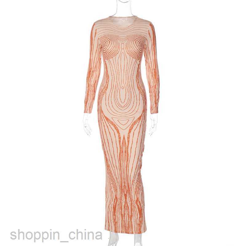 Basic Casual Women Dresses Women Spring New Fashionable Abstract Copying Human Body Print Long style Wrapped Hip Long sleeved Dress for Woman