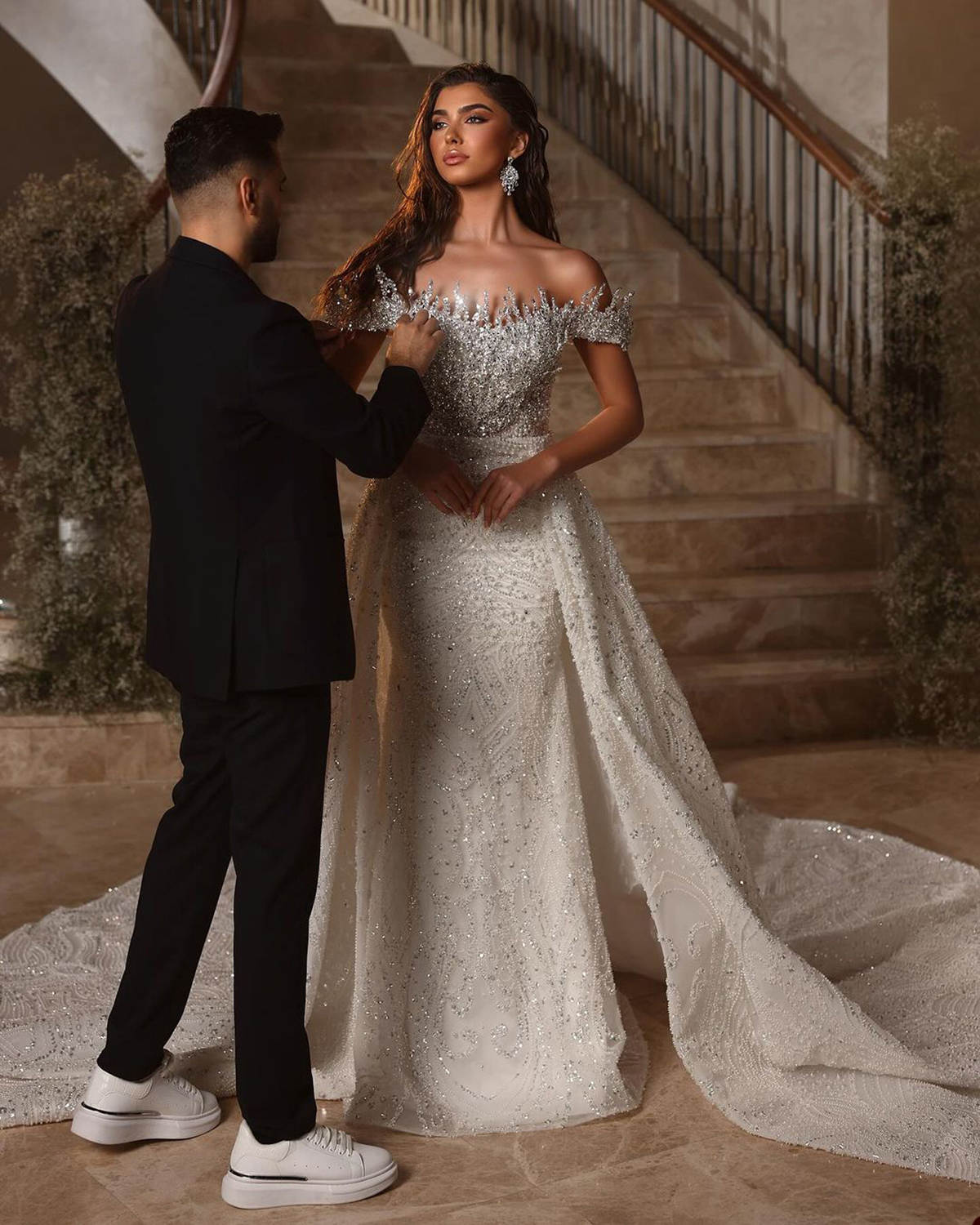 Exquisite Mermaid Wedding Dresses Pearls Crystals Sequins Lace Off Shoulder Tulle Backless Detachable Train Custom Made Plus Size Bridal Gown Vestidos