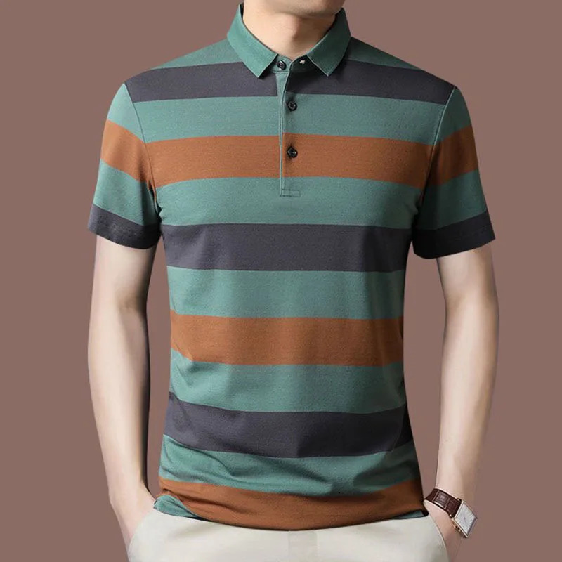 Fashion Men Summer Striped Polo Shirts Short Sleeve Button Knit Lapel Pullover Business Casual Mens Loose Clothing Top y240603