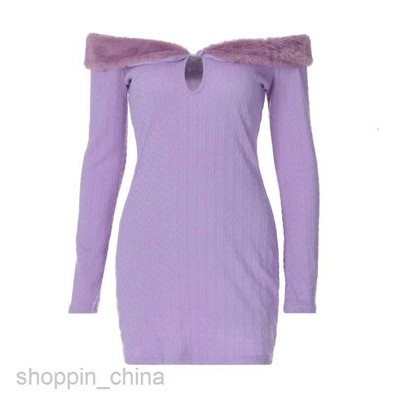 Basic Casual Dresses sexy one line shoulder fur collar long sleeved temperament close fitting short buttocks wrapped dress for women clothing Shirt Dr