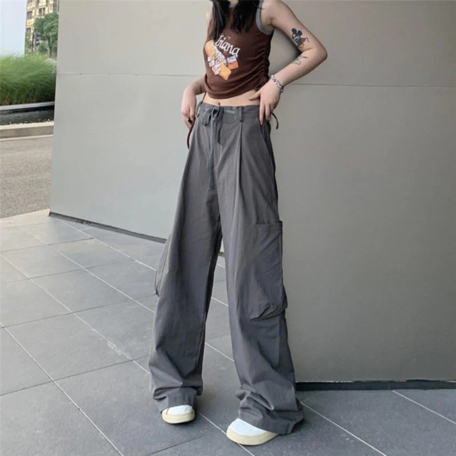Y2K Casual Cargo Pants Women Streetwear Drawstring Loose Wide Leg Straight Trousers Fashion Lady Oversize Sweatpants 240530