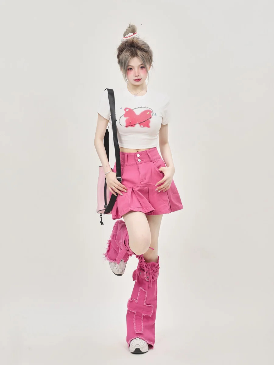 REDDACHiC Barbiecore Pink Denim Leg Warmers Women Frayed Boots Cover Cross Patched Bandage Knee-Long Socks Y2k Dopamine Clothing 240613