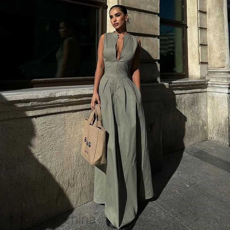 designer summer new style zipper waist pocket long solid color sleeveless dress G05