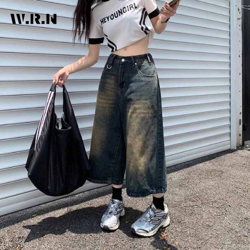 American Vintage High Waist Mid Long Baggy Denim Shorts Womens Casual 2000s Y2K Wide Leg Grunge High Street Style Shorts 240601