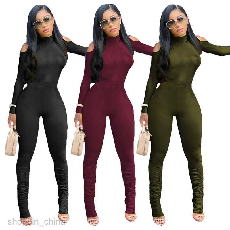 Women's Tracksuits Women's Sexy Shoulder Slim Long Sleeve Zipper Solid Color Fashion jumpsuit Sets
