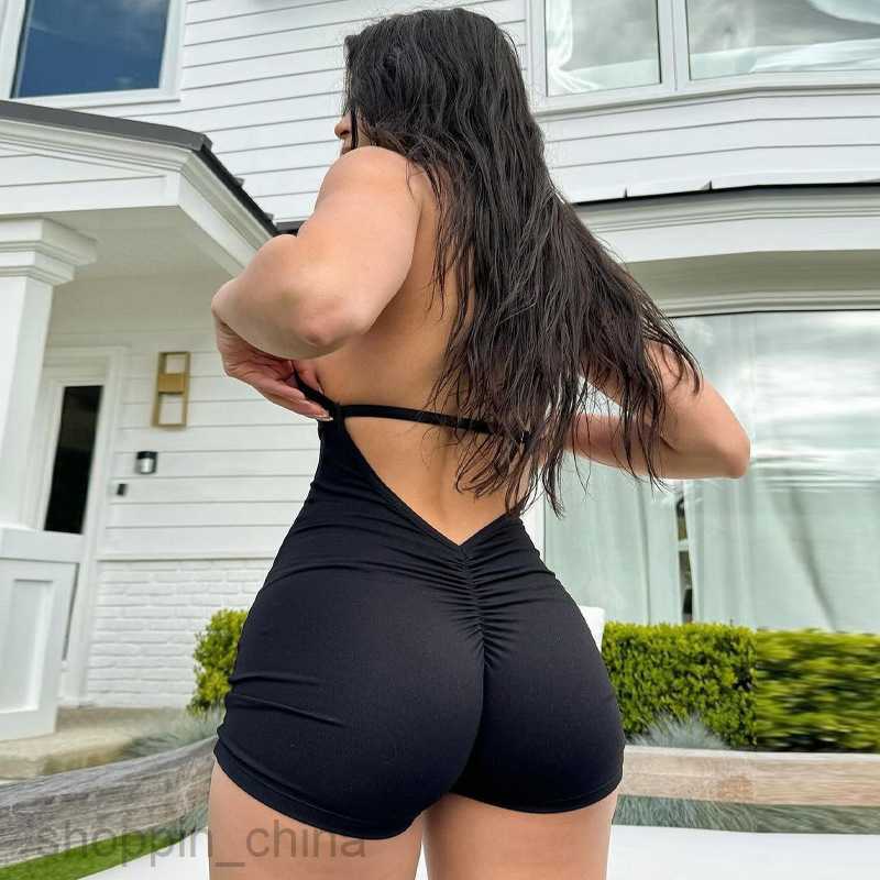 Women's Jumpsuits Rompers Women's clothing 2.24 summer new lace up backless pleated tight peach buttocks sports yoga jumpsuit