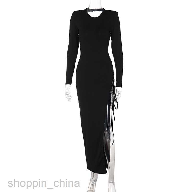 Basic Casual Dresses summer new diagonal slit tie up long sleeved dress for women